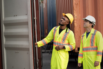Two worker man working with checking container at container site	
