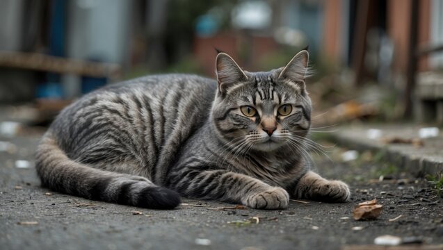 An abandoned grey tabby cat is lying on the ground.