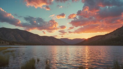 Fototapeta premium Panguitch Lake offers stunning summer sunsets during the active monsoon season with space for text.