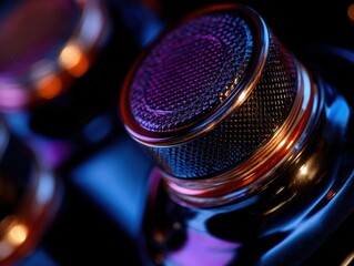 Close-up of a dark speaker with purple mesh and reflective metallic accents.