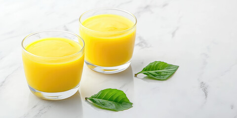 Fototapeta premium Two glasses of bright yellow smoothie are placed on a marble surface with green leaves nearby. Refreshing tropical beverage concept