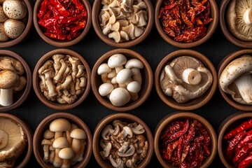 Assorted Dried And Fresh Mushrooms In Wooden Bowls