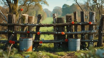 Rural fence made of old logs and branches decorated with old tin buckets with empty space for text