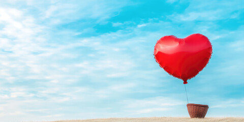 Fototapeta premium A large red heart-shaped balloon is tethered to a basket, floating in an open area with a blue sky. Romantic and whimsical outdoor scene