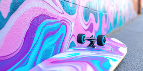 A skateboard with a vibrant, swirling pattern leans against a wall painted in matching colors. Urban art, skate culture, colorful design