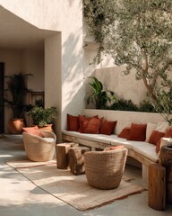 Rustic outdoor seating area with terracotta tones.