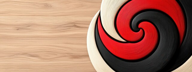 Abstract Red Black White Spiral Pattern on Wooden Background