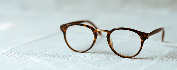 A pair of tortoiseshell eyeglasses sits on a page filled with text. Concept: reading, vision, eyewear, vintage style