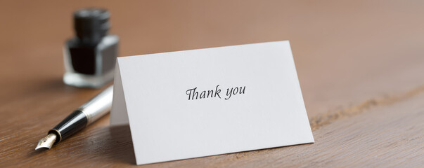 Thank you card is placed on a wooden surface beside a fountain pen and ink bottle. Concept: gratitude, appreciation, written communication