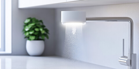 A modern faucet is spraying water in a kitchen with a potted plant in the background. Clean and contemporary kitchen design