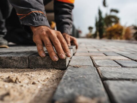 Hands laying paving stones on sand creating a pathway or road surface.