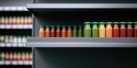 Naklejka premium Bottles of colorful juice are neatly arranged on a shelf in a store. Beverage variety and organization