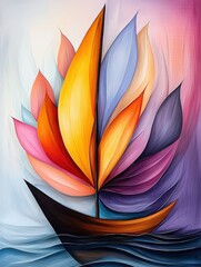 Abstract Sailboat Watercolor Painting Multicolored Sails on a Dark