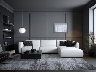 Modern living room with a sectional sofa and dark gray walls.