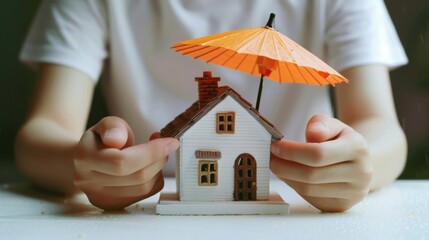 Protecting dreams A safe home under an umbrella cradled by caring hands symbolising security with