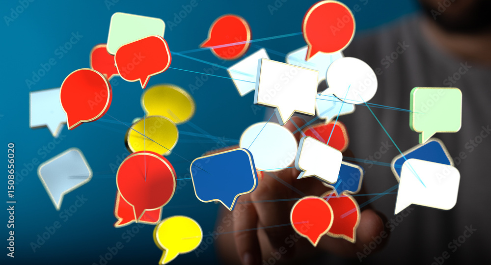 Poster abstract image of interconnected speech bubbles representing global communication and networking.