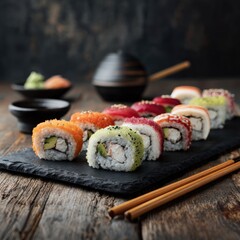 Assorted sushi rolls arranged on a black slate plate with chopsticks on wood.