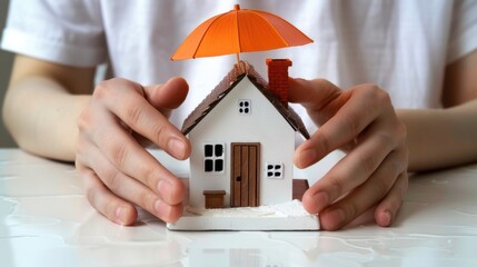 Safeguarding dreams caring hands shield a miniature home under the vibrant protection of an orange