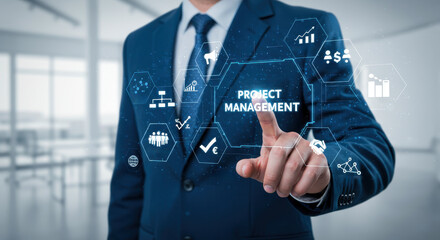 Project Management Interface: Businessman Interacting with Strategy, Risk, and Human Resources Data