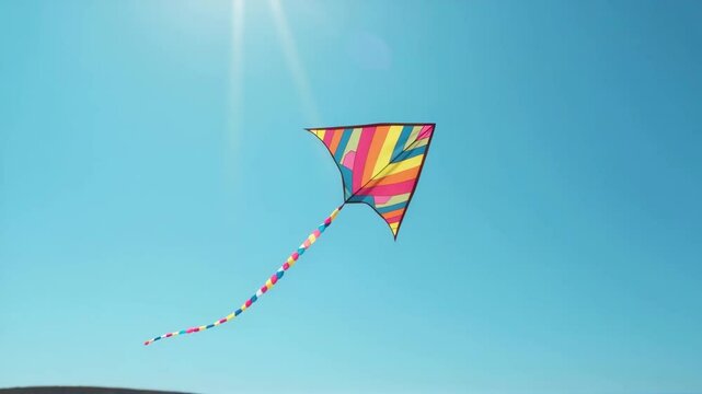 Colorful kite flying in a clear blue sky on a sunny day  