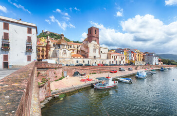 Attractive cityscape of Bosa town with Ponte Vecchio bridge across the Temo river.