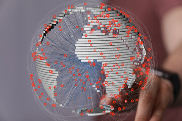 A 3D rendering of a digital globe illustrating interconnected data points across the world.
