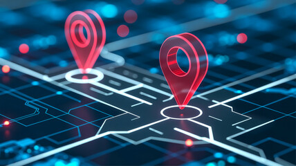 A digital 3D rendering of a location map interface with two glowing red pin markers against a dark blue technological background.