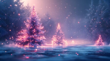 Naklejka premium Enchanting Winter Wonderland Landscape with Glowing Christmas Trees and Sparkling Snow