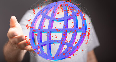 Abstract image of a hand holding a digital globe, representing global network connections and data.