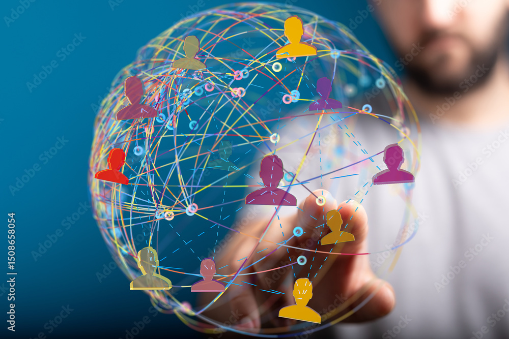 Poster image of a global network, showing interconnected people across the world. perfect for social media,