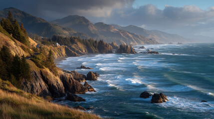 Rocky Pacific Coastline with Forested Cliffs
