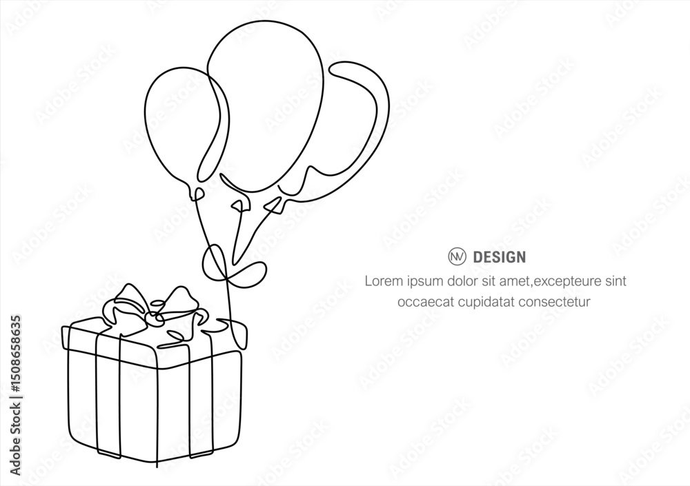 Aufkleber continuous one line drawing of present box with balloons. present box with ribbon and bow outine vec