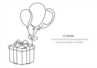 Continuous one line drawing of Present box with balloons. Present box with ribbon and bow outine vector illustration.