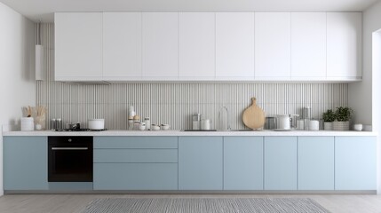 Light blue and white kitchen with modern design.
