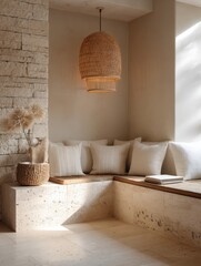 Woven pendant light above a cozy seating area.