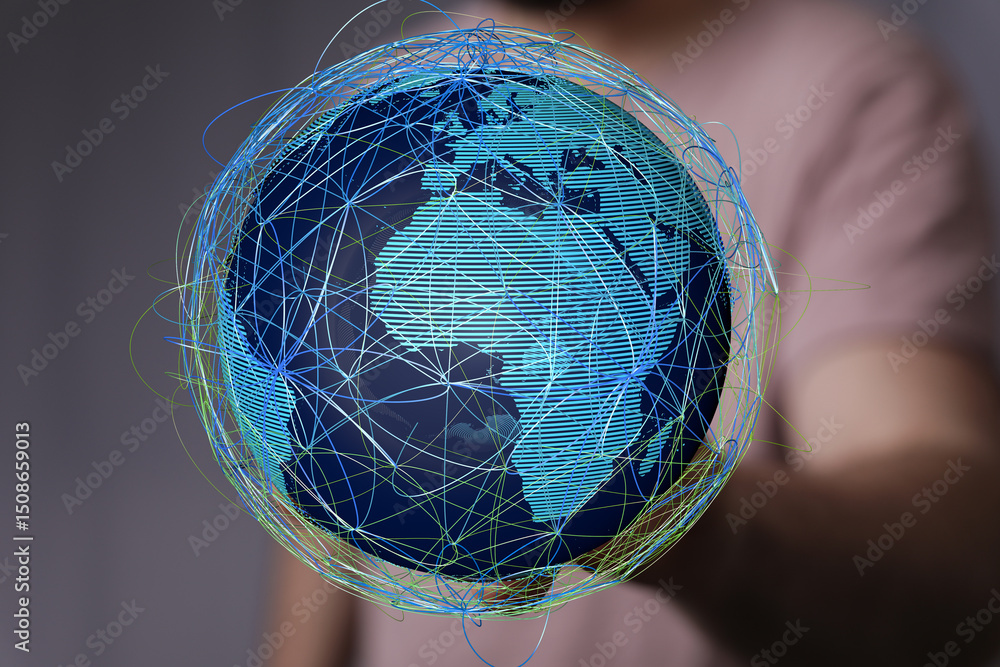 Poster abstract image of a digital globe, representing global connectivity and data flow.