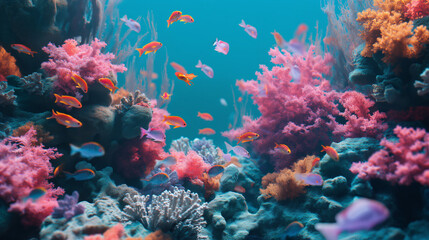 Fototapeta premium Coral reef in blue sea, teeming with colorful fish and swaying seaweed under the warm sunlight.