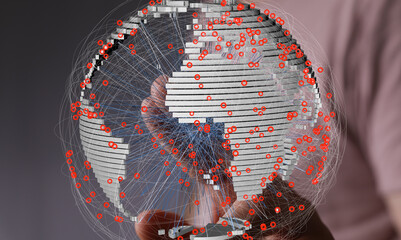 High-tech image of a digital globe with interconnected nodes, representing global communication and...