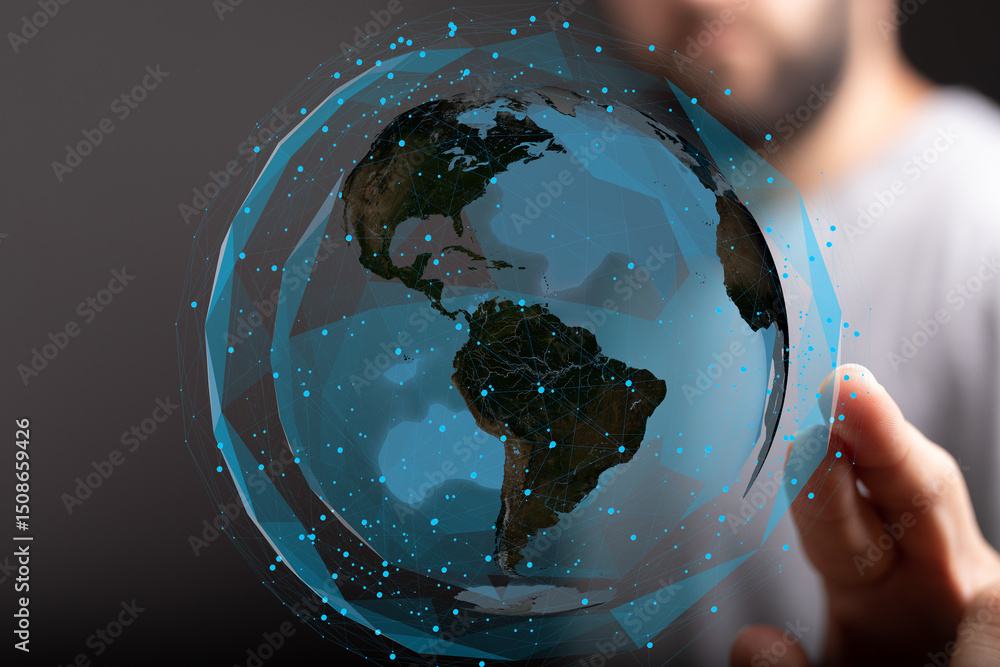 Poster abstract image of a man interacting with a digital globe, representing global connectivity and netwo