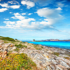 Unbelivable morning view of famous La Pelosa beach and rocky shore near Torre della Pelosa