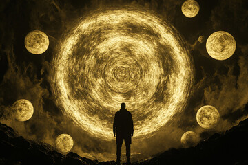 Silhouette of a cosmic entity surrounded by floating planets