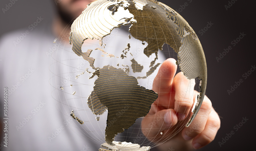 Leinwandbilder A hand interacts with a digital globe, symbolizing global connectivity and networking.