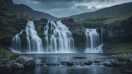 Fototapeta premium Cascade Waterfall Lagonaki Plateau in Summer with Empty Copy Space for Text