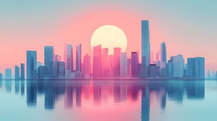 Obraz premium Stunning Futuristic Cityscape Skyline Reflection at Dusk with Vibrant Pink and Blue Hues