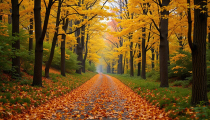 Autumn leaves line a serene pathway through a forest ablaze with vibrant colors of the season.