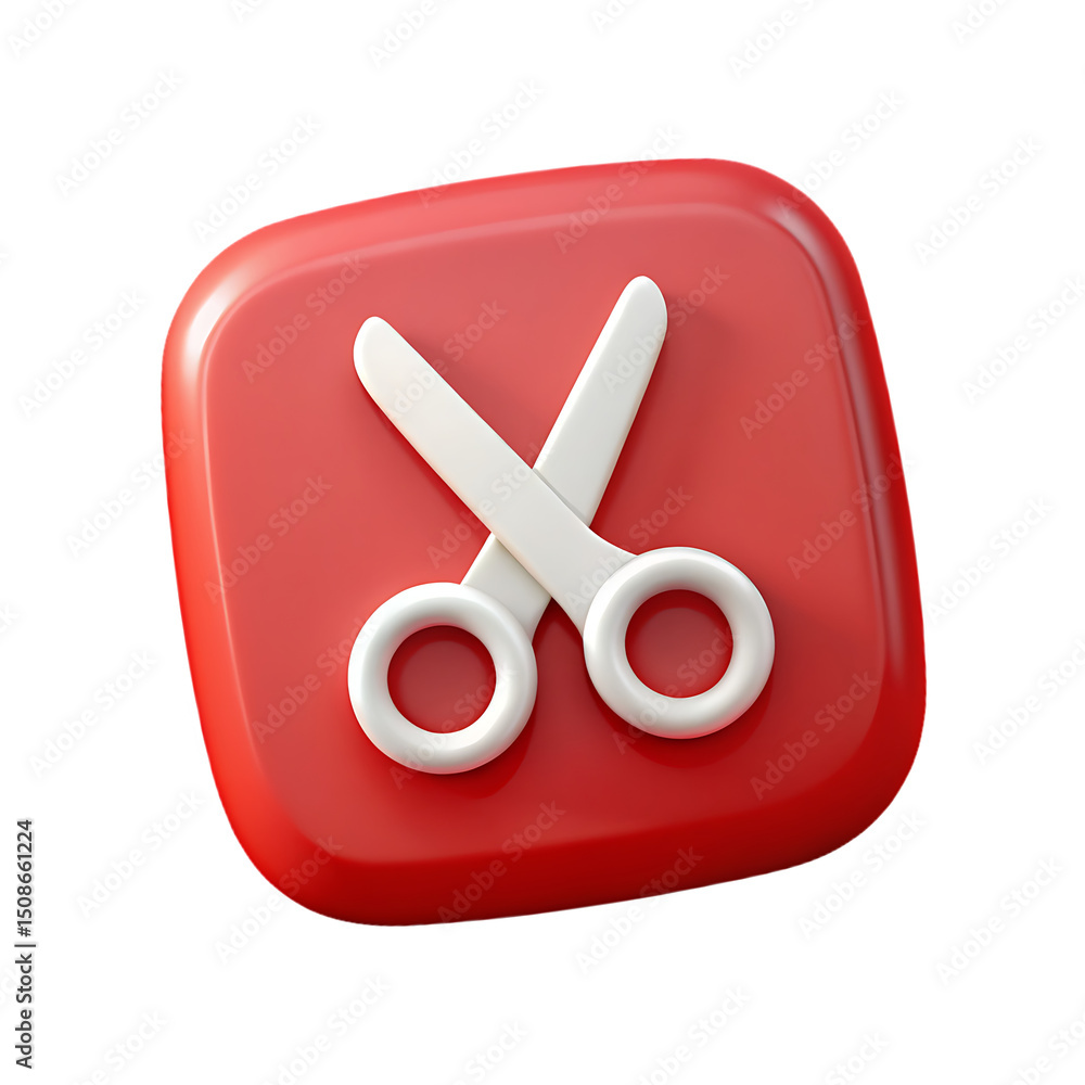 Poster red square button with white scissors icon
