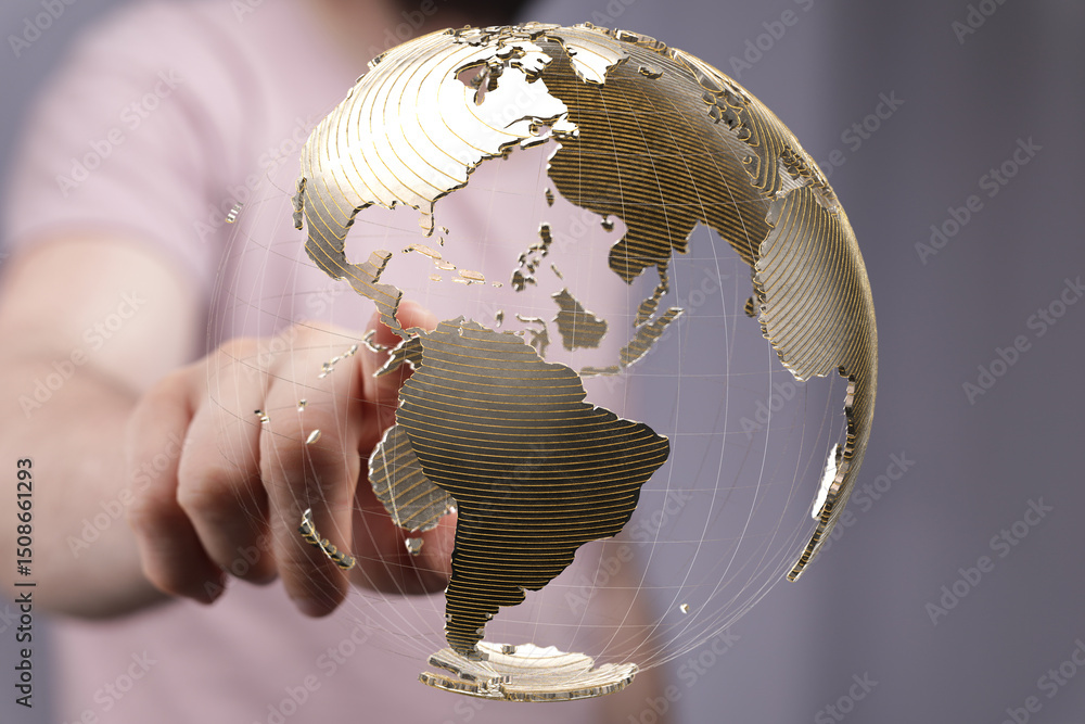 Leinwandbilder a hand points at a digital globe, symbolizing global connections and networking.