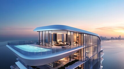 A luxury penthouse building with a rooftop infinity pool