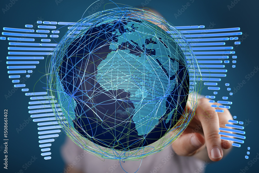 Poster hand interacting with a digital globe, showcasing global network connections and data flow.