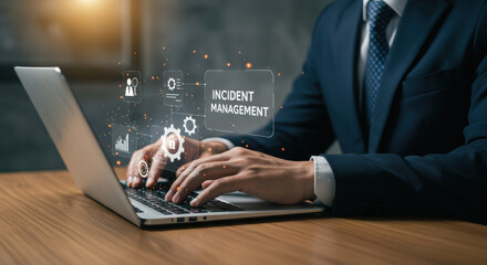 Incident Management: A professional analyzes cybersecurity data and optimizes response strategies on a laptop in the office, showcasing technology, problem solving, and network security protocols.